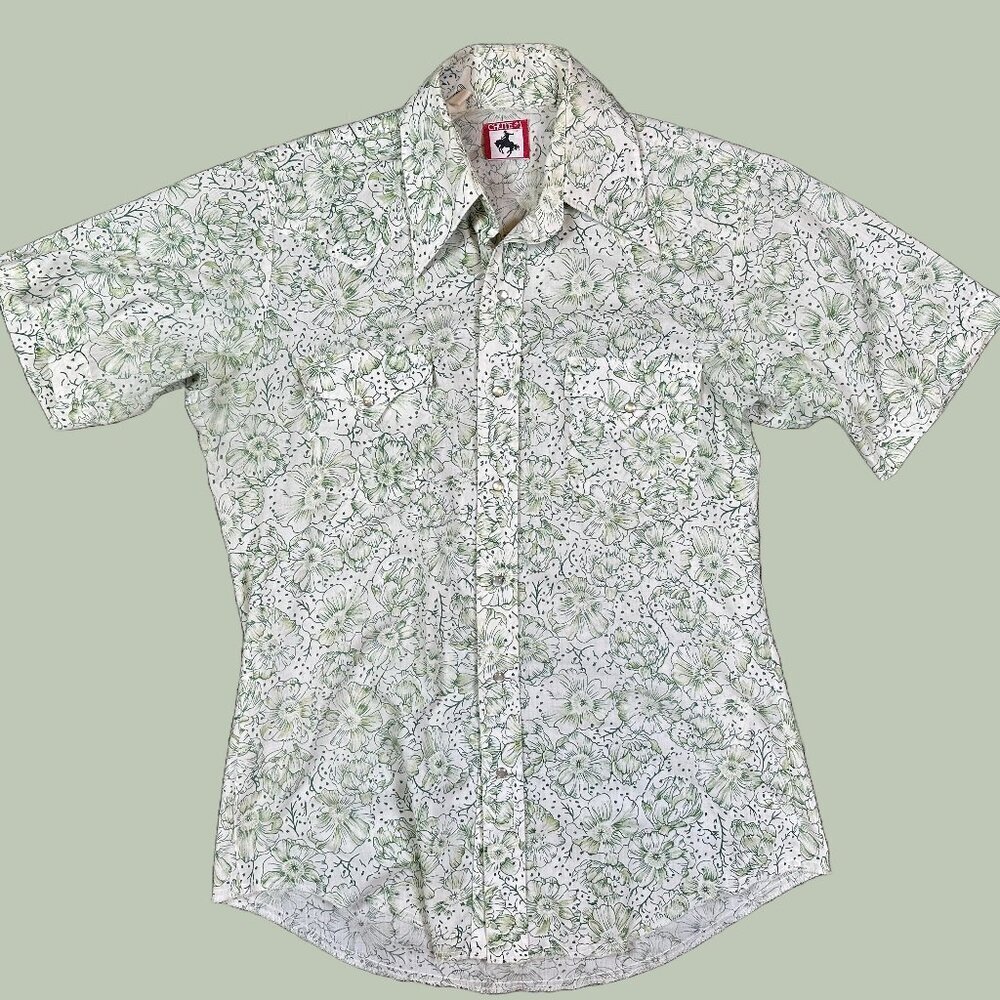 Chute #1 Vintage Floral Pearl Snap Western Cowboy Shirt Green White Est Medium